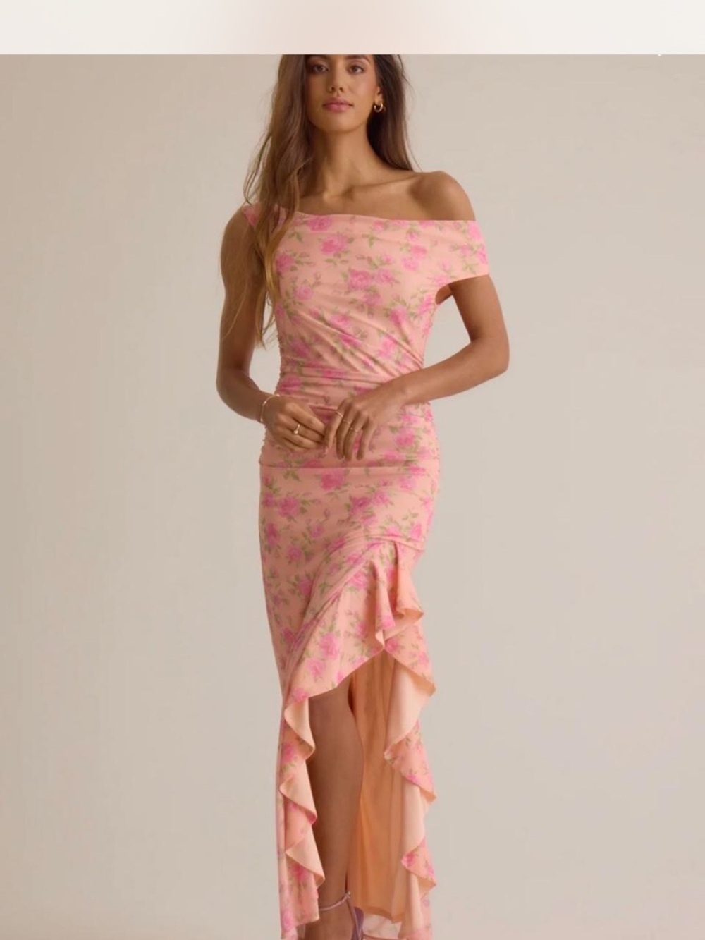 ASTR The Label - Off-Shoulder Pink Floral Ruffle Hem Maxi Dress
